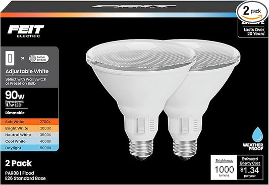 Feit Electric LED Reflector Light Bulb, Dimmable, Adjustable White 2700K–5000K, High CRI, Enhance Series, 25,000-Hour Lifetime, Indoor/Outdoor Use, 90-Watt LED