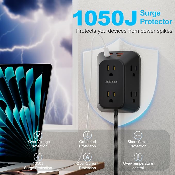 JcBlaon Outlet Extender Surge Protector, 6 Outlet Splitter with 4 USB Ports (2 USB C), 4 Sided 1050 J Multi Plug Wall Adapter Power Strip for Home Office Kitchen Travel