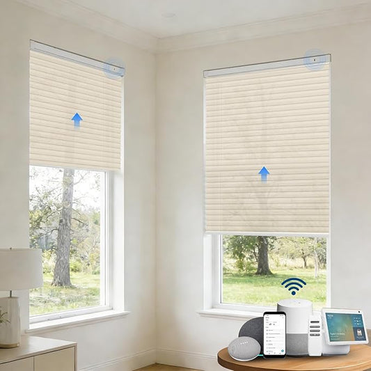 Motorized Cellular Shades with Remote, Smart Cellular Shades Compatible with Apple HomeKit, Alexa & Google Home, Honeycomb Window Blinds for Indoor Windows, Light Filtering Soft Pearl