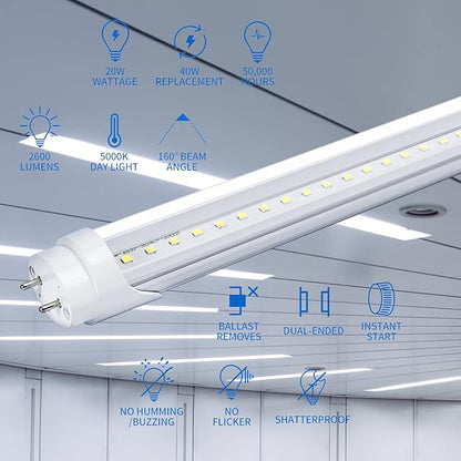 30-Pack T8 LED Bulbs 4 Foot Tube Light, 4ft LED Shop Garage Warehouse Light, 20W 5000K 2600LM Daylight White, Fluorescent Lights Tube Replacement, Ballast Bypass, Dual-end Powered, Clear Cover