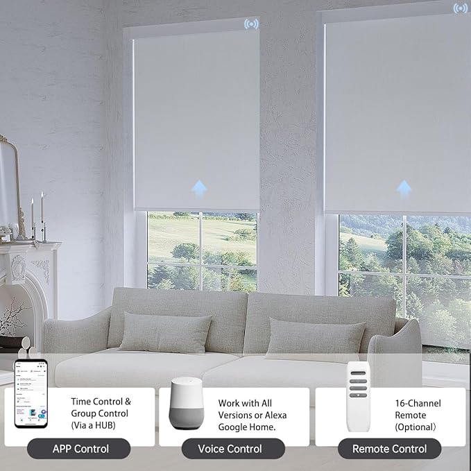 Motorized Blinds with Remote, Blackout Smart Blinds for Windows Automatic Roller Shades Compatible with Alexa, Motorized Shades Customized for Bedroom Home Office (Blackout-Vinyl White)
