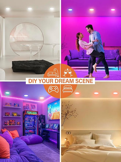 12Pack Smart LED RGB Recessed Lighting 4Inch,Color Changing Canless Downlight,2700K-6500K, 2.4GHz Wi-Fi & Bluetooth,9W 850lm,Works with Tuya App,Alexa & Google Assistant,Gateway Included