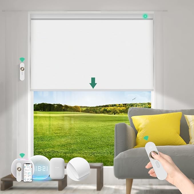 Motorized Blinds with Remote [100% Blackout & Silent Motor] Smart Blinds Compatible with Alexa Google HomeKit, Electric Roller Shades for Indoor Windows, Customized Size, Shimmer Ultra White