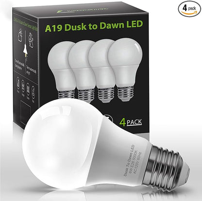 L LOHAS LED Dusk to Dawn LED Light Bulbs, 40W Equivalent LED Outdoor Lighting, Daylight 5000K, Automatic On/Off Outdoor Light, A19 6W Bright Porch Light Bulbs, 500LM E26 for Garage Patio, 4 Pack