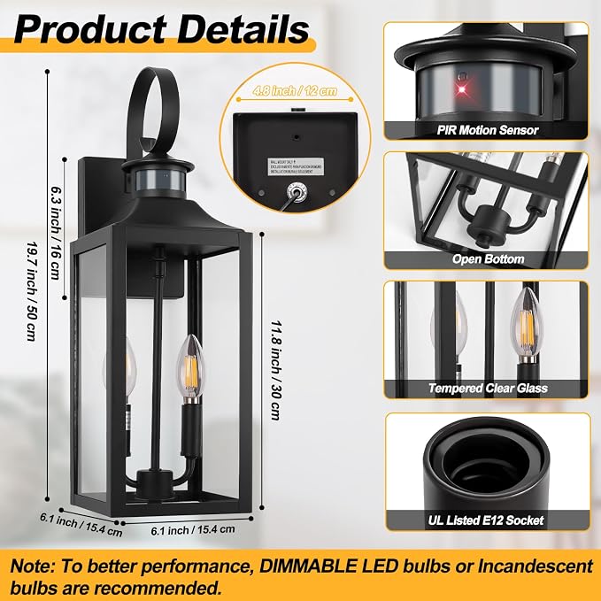 20" Motion Sensor Outdoor Light, Large Dusk to Dawn Outdoor Wall Lights