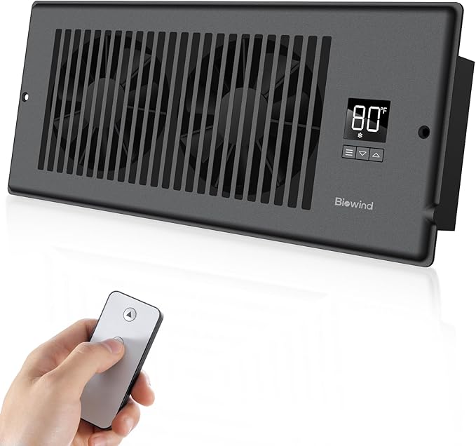 BIOWIND Quiet Register Booster Fan Fits 4" x 12" Register Holes, 10-Speed Smart Heating Cooling AC Vent Fan with Remote Control and Thermostat Control - Black