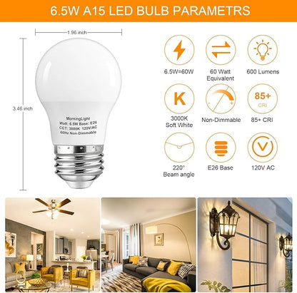 MorningLight A15 LED Bulb 60Watt Equivalent, 3000K Soft White, 600 Lumens Bulb, E26 Base, Non-Dimmable, ETL Listed, A15 6.5W LED Light Bulbs for Ceiling Fan, Modern & Rustic Lighting Fixtures, 6-Pack