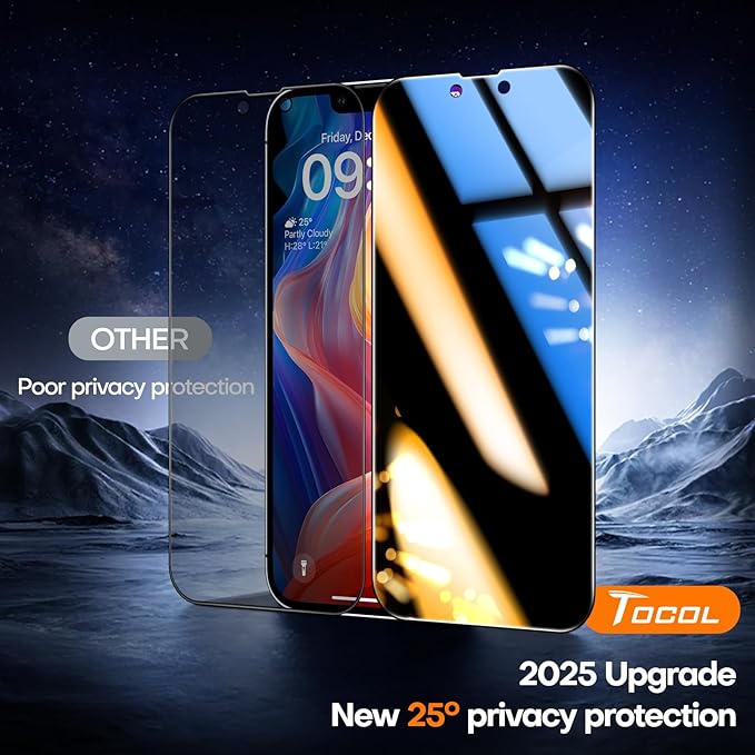 TOCOL for iPhone 13 Pro Privacy Screen Protector, 9H Hardness Military Grade Shatterproof HD Tempered Glass Full Coverage Easy Installation Case Friendly 2 Pack