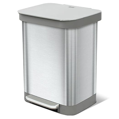 Glad Stainless Steel Step Trash Can, Series 2 with Clorox Protection - Large Metal Kitchen Garbage Bin with Soft Close Lid, Foot Pedal and Waste Bag Roll Holder, 13 Gallon