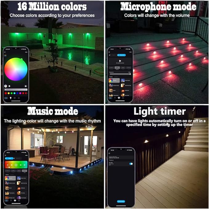Sumaote WiFi Deck Lights Kit, 6pcs Φ1.38 RGB Half Moon Low Voltage Recessed Deck Lights Smartphone APP Control LED Steps Lighting Waterproof Outdoor Yard Path Stair Landscape Decor, Black