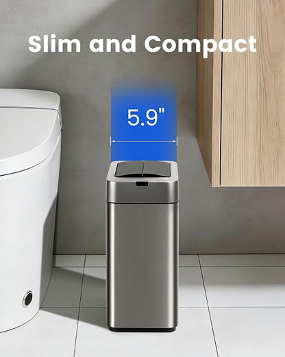 ELPHECO Slim Bathroom Trash Can with Lid 2.6 Gallon Smart Trash Can Silver