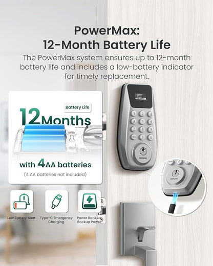 DESLOC C100 Keyless Entry Door Lock with Handle Set, Visual Display | Smart Deadbolt Lock with 100 PIN Codes, Passage Mode, 2 Keys, IP54 Weather Resistance, 12-Month Battery, Auto Lock, Silver