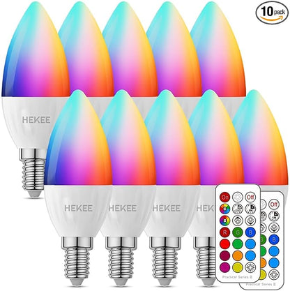 HEKEE E12 Candelabra Light Bulbs, Color Changing Bulb with Remote, Plug-in Only, E12 Base, 12 RGB+2700K Warm White, 40W Equiv (5W), 450LM, Timer, 2 Modes, for Chandelier/Ceiling Fan, 12 Pack