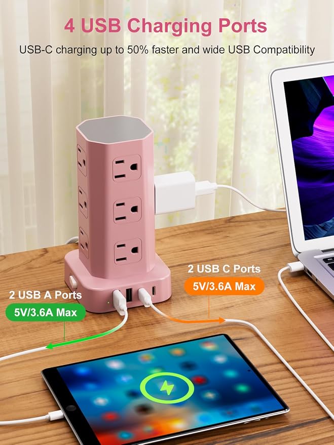 Power Strip Tower Surge Protector, 6FT Flat Plug Extension Cord with Multiple Outlets, 12 AC Outlets 4 USB (2 USB C), Desktop Charging Station with Surge Protection for Home Office Dorm Room, Pink