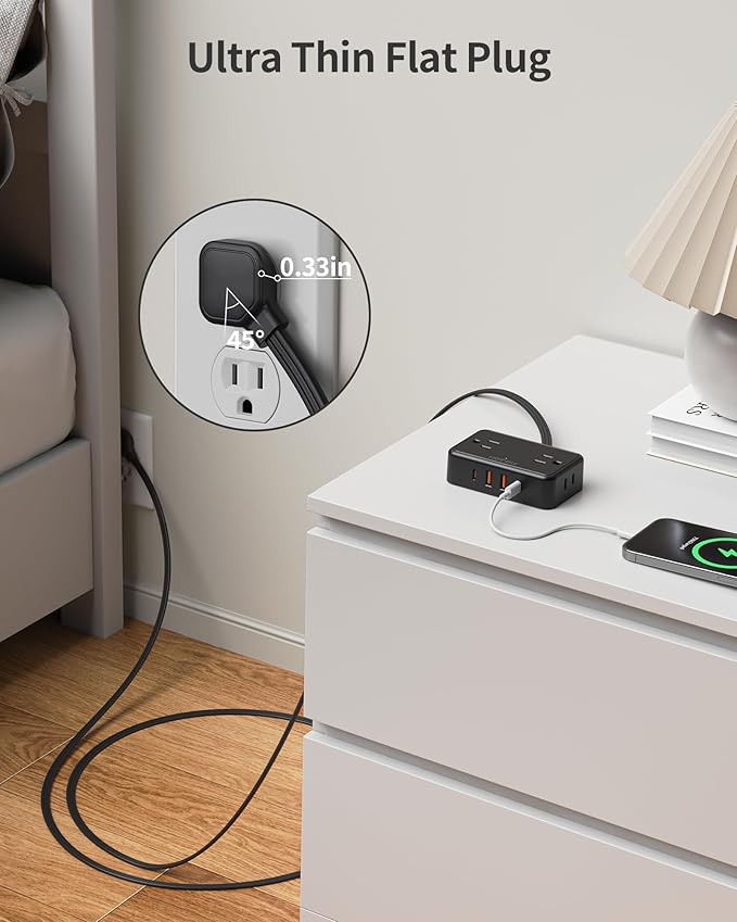 HOPOW Flat Plug Extension Cord, 6 Ft Ultra Thin Power Strip, 4 AC Wide Spaced outlets and 4 USB (2 USB-C) Ports, No Surge Protector for Cruise Ship, Travel, Dorm Room Essentials (Black)