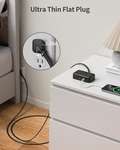 HOPOW Flat Plug Extension Cord, 6 Ft Ultra Thin Power Strip, 4 AC Wide Spaced outlets and 4 USB (2 USB-C) Ports, No Surge Protector for Cruise Ship, Travel, Dorm Room Essentials (Black)