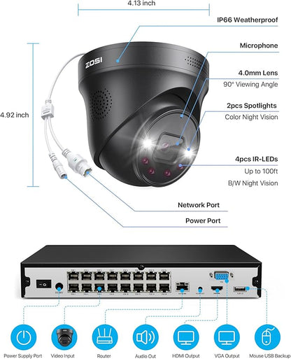ZOSI 24CH 4K PoE Security Camera System with Face Person Vehicle Detection,24CH 8MP Dual Disk NVR with 4TB HDD,14pcs 4K Outdoor PoE Cameras,2 Way Audio,Spotlight Siren,Night Vision,for 24/7 Recording