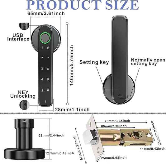 Smart Fingerprint Door Lock, Keyless Entry Door Lock with APP - Cards - Backup Key - Fingerprints - Codes, Biometric Door Lock for Bedroom Hotel Office Apartment(Black)