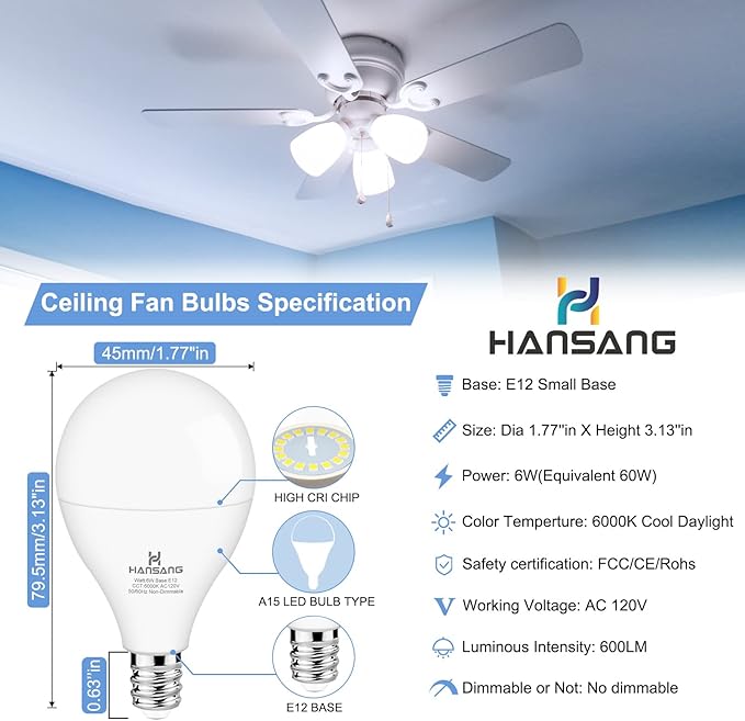 8 Pack Ceiling Fan Light Bulbs E12 Base, 60Watt Equivalent, 6000K Cool Daylight, A15 Small Candelabra Base Chandelier Bulbs, 600LM, 120V, CRI 85+, Non-dimmable