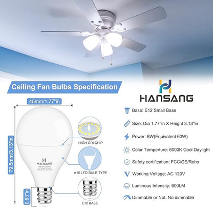 8 Pack Ceiling Fan Light Bulbs E12 Base, 60Watt Equivalent, 6000K Cool Daylight, A15 Small Candelabra Base Chandelier Bulbs, 600LM, 120V, CRI 85+, Non-dimmable