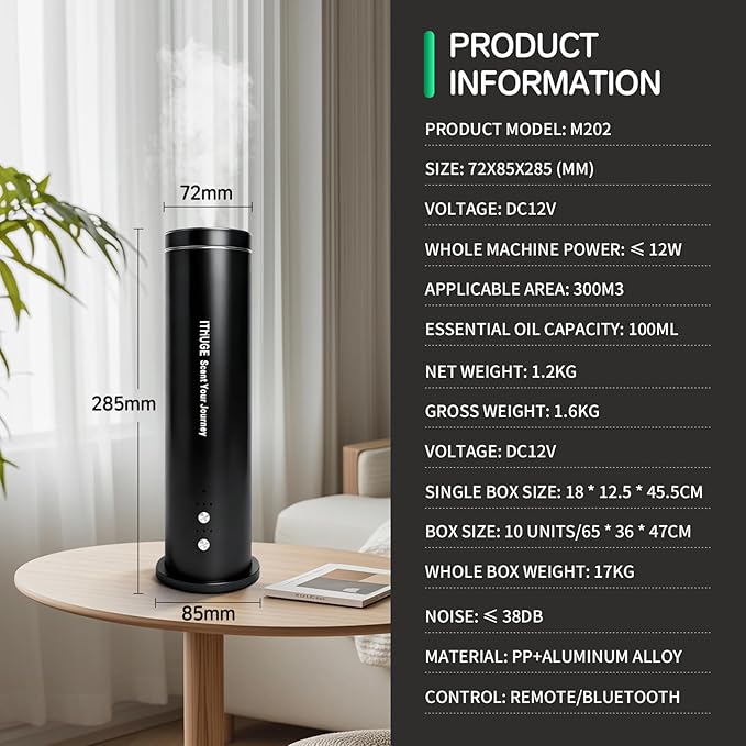 Smart Essential Oil Diffuser, 1500 Sq Ft Coverage, Cold Air Tech, Bluetooth App Control, Remote, Timer & Adjustable Mist, for Home Office Hotel - Black