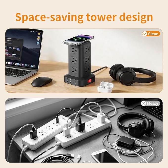 Extension Cord with Multiple Outlets, SMALLRT Power Strip Tower, 10FT Outlet Extender with 12 AC Outlets 4 USB, Power Strip with USB Ports for Home Office Dorm Room,Overload Protection