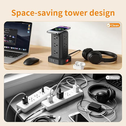 Extension Cord with Multiple Outlets, SMALLRT Power Strip Tower, 10FT Outlet Extender with 12 AC Outlets 4 USB, Power Strip with USB Ports for Home Office Dorm Room,Overload Protection