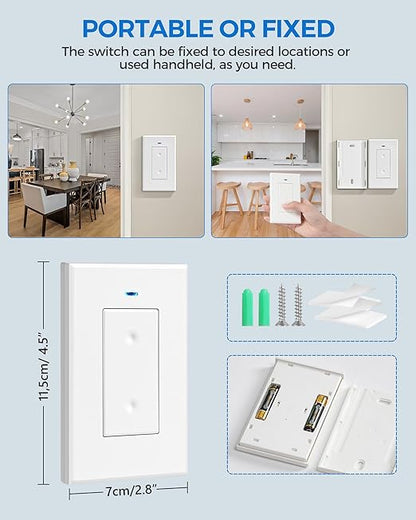 3 Way Wireless Light Switch and Receiver Kit, WILAWELS Wireless Light Switch with 2 Receivers for Ceiling Light, Fan, Lamp, Moveable, 100FT RF Range, No Wiring, No Interference W06RC2106