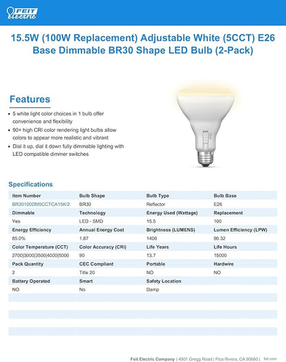 Feit Electric BR30 LED Light Bulb, 100W Equivalent, Dimmable, 5CCT, E26 Medium Base, 90 CRI, 1400 Lumens, Adjustable White, 15.5 Years Lifetime, 2 Pack, BR30100DM5CCTCA15K/2