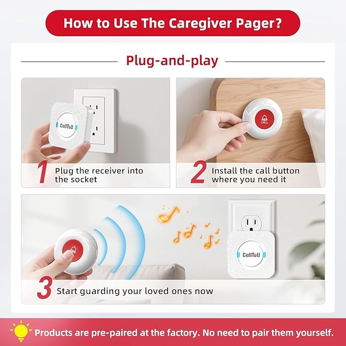 CallToU Caregiver Pager Wireless Call Button Nurse Alert System 500+ Feet for Home/Elderly/Patient/Disabled 06WS (1 Receiver 1 Round Button 1 Watch Button(3 Piece))