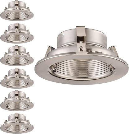 TORCHSTAR 4 Inch Stylish Decor Recessed Light Trim, Metal Step Baffle Trim, Fit Halo/Juno Remodel Recessed Housing, 4 Inch Can Light Trim for PAR16, PAR20, BR20, Satin Nickel, Pack of 6