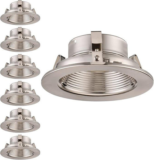 TORCHSTAR 4 Inch Stylish Decor Recessed Light Trim, Metal Step Baffle Trim, Fit Halo/Juno Remodel Recessed Housing, 4 Inch Can Light Trim for PAR16, PAR20, BR20, Satin Nickel, Pack of 6
