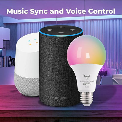 Smart Light Bulbs, 16 Million RGBCW/WW LED Light Bulbs, Music Sync, Bluetooth and Wi-Fi, App Control, A19 E26 9W (60W Equivalent), 806LM, 4 Pack
