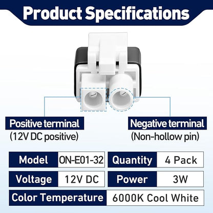 4Pack ON-E01-32 Range Hood LED Light Bulb, 12V DC 3W 6000K Cold White LED Compatible with Awoco Range Hoods Light