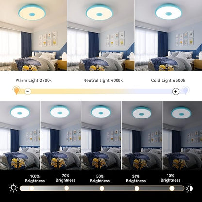 Sky Blue Waterproof LED Flush Mount Ceiling Light Fixture,with Bluetooth Speaker,11 Inch,18 watt,Dimmable Music Lamp,RGB Color Changing Light with Remote Control,for Bathroom,Shower,Bedroom