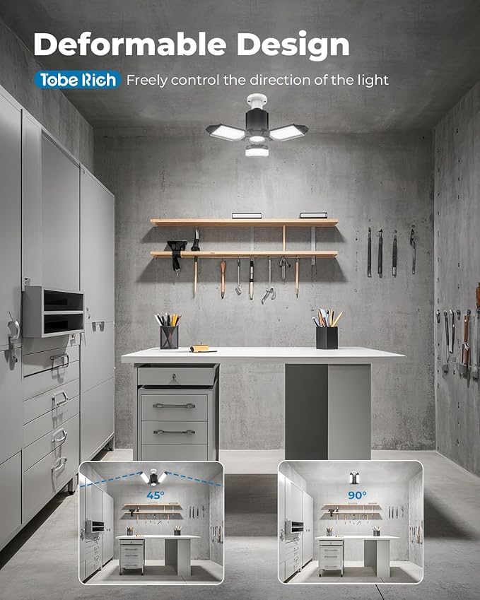 toberich LED Garage Light Bulb, 8000LM Shop Lights with 3+1 Deformable Panels, 6500K Screw in Ceiling Lights for Garage, Workshop, Workbench, Basement