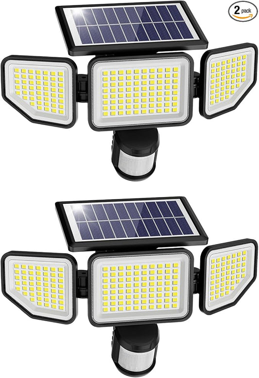Onforu 4500LM Solar Lights Outdoor, 3 Heads Security Lights with Remote Control, IP65 Waterproof Motion Sensor Lights, 3 Modes Flood Lights for Wall, Porch, Yard, Outside, 2 Pack