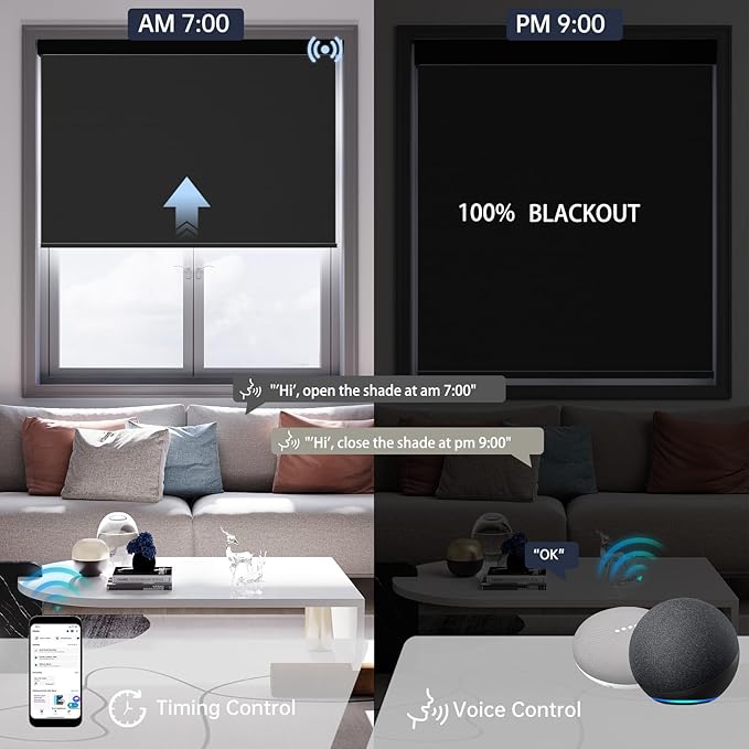 Motorized Blinds with Remote, Blackout Smart Blinds for Windows Automatic Roller Shades Compatible with Alexa, Motorized Shades Customized for Bedroom Home Office (Blackout-Vinyl Black)
