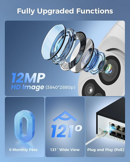 Hiseeu [12MP HD] 12MP PoE IP Camera, 121°Wide View,SD Card Slot, 3840 * 2880 p, 20fps, Color Night Vision, 2 Way Audio, 0 Monthly Fees, Human Vehicle Detect, Work PoE NVR