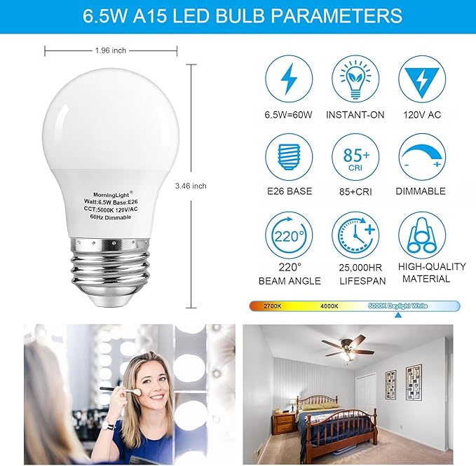 MorningLight A15 Light Bulb Daylight 60 Watt Equivalent, E26 Small Light Bulb Daylight 5000K, Dimmable 6.5 Watt LED Bulb for Ceiling Fan, Wall sconces, 600 Lumens Bulb, 25000+ Hours Lifespan, 6 Pack