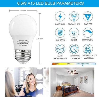 MorningLight A15 Light Bulb Daylight 60 Watt Equivalent, E26 Small Light Bulb Daylight 5000K, Dimmable 6.5 Watt LED Bulb for Ceiling Fan, Wall sconces, 600 Lumens Bulb, 25000+ Hours Lifespan, 6 Pack