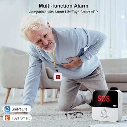 WiFi Pager, Caregiver Pagers Life Alert Systems for Seniors no Monthly Fee, 1 Receiver and 1 SOS Panic Button & 1 Watch Pager, Compatible with Tuya Smart/Smart Life APP
