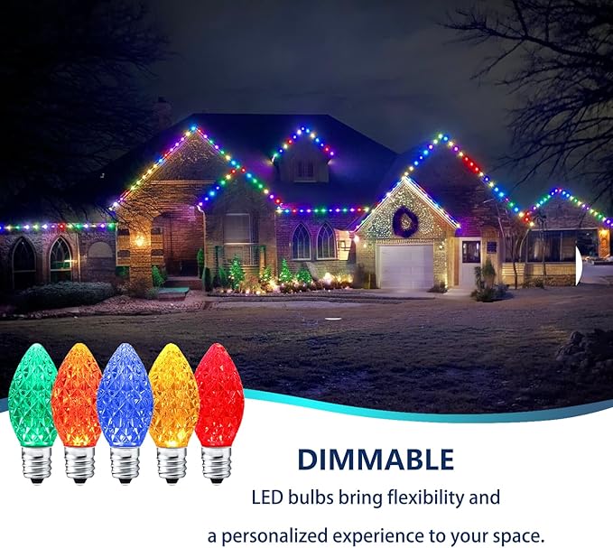 25 Pack C7 LED Replacement Bulbs- Multicolor Bulbs Dimmable for Christmas Outdoor Indoor String Lights, IP65 Waterproof Multicolor LED Night Light Bulbs, 0.72 Watts, C7/E12 Candelabra Base