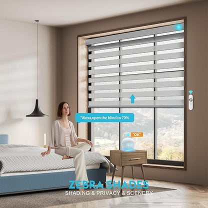 Motorized Zebra Blinds with Remote, Work with HomeKit Alexa, Smart Light Filtering Horizontal Automatic Electric Window Shades for Home Office Customsize(55% Blackout Grey)