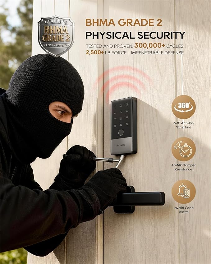 DREAME Wi-Fi Smart Door Lock for Front Door A10, Matter Over Thread, Works with Apple Home, Alexa, Google, AI Fingerprint Keyless Deadbolt Set, Geofencing Auto Unlock, BHMA Grade 2, IP65 Waterproof