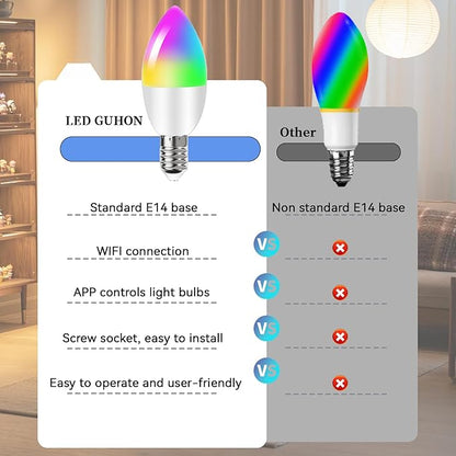 4 Sets E14 5W RGBCC smart Light Bulbs with Adjustable Color Temperature Compatible with Alexan Google Assistant, 14MM Small Base Candle Light Suitable for Parties or Home Decoration