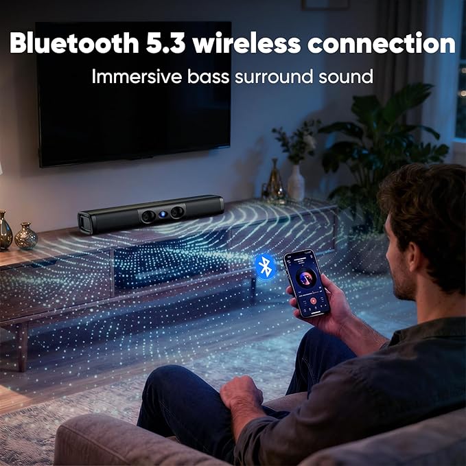 Sound Bar for Smart TV with Deep Bass & Crystal Dialogue – 60W 2.0 Channel Soundbar, Dual Woofers & Silk Dome Tweeter, Bluetooth 5.3, ARC/Optical/AUX, 17-Inch Wall Mountable for PC Projector Gaming