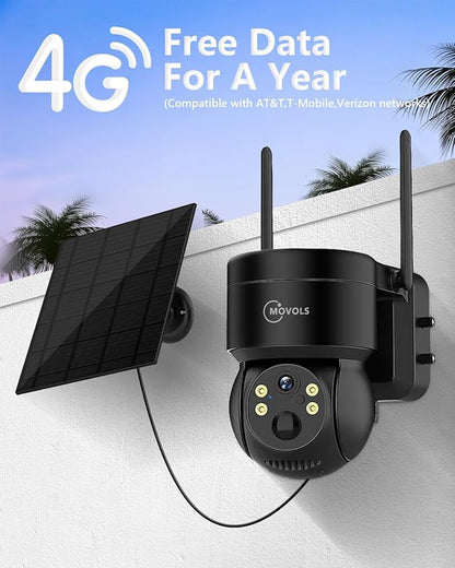 Free Data For A Year,4G LTE Cellular Wireless Security Camra,2K Solar Powered No Wifi Needed PTZ Camera,Two Way Audio, Outdoor IP66 Waterproof,PIR Motion Detection ,Color Night Vision,360 PTZ,SIM