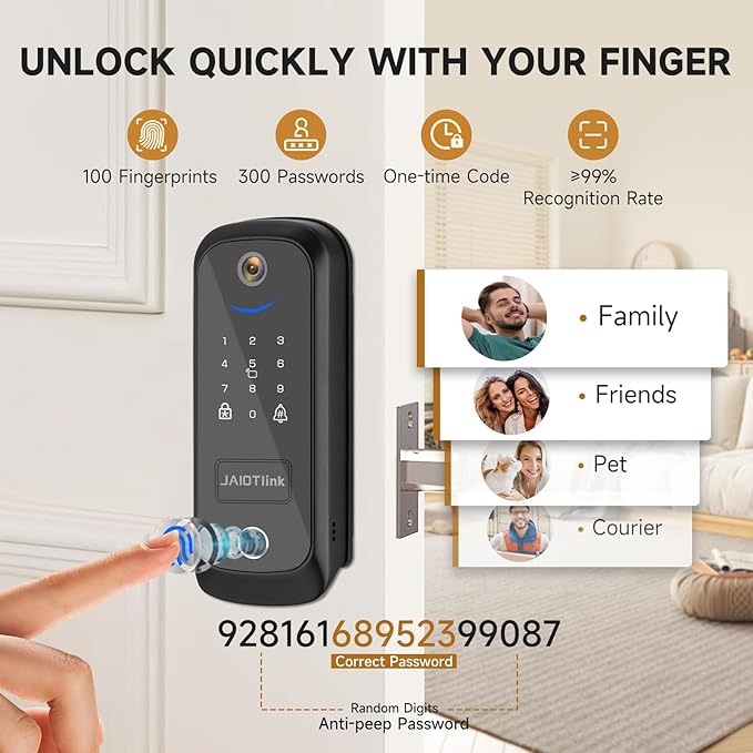 JAIOTlink 5 in 1 Smart Lock for Front Door, Keyless Entry Deadbolt with Camera & Doorbell, WiFi Secure Electronic Lock for Home, Fingerprint, Keypad, Voice Changer, Compatible with Alexa, Black