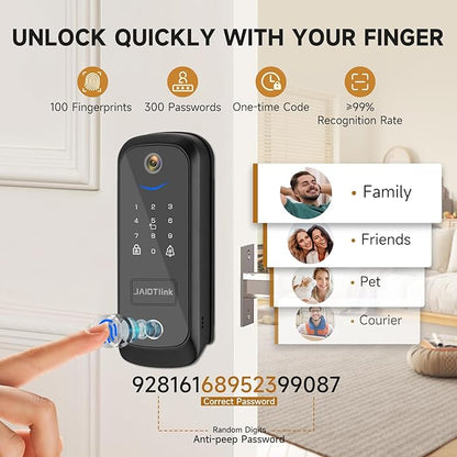JAIOTlink 5 in 1 Smart Lock for Front Door, Keyless Entry Deadbolt with Camera & Doorbell, WiFi Secure Electronic Lock for Home, Fingerprint, Keypad, Voice Changer, Compatible with Alexa, Black